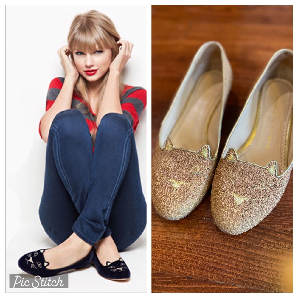 Charlotte Olympia designer cat flats in gold/cork